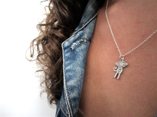 Sterling Silver Little Sock Monkey Necklace - Monkey Jewelry