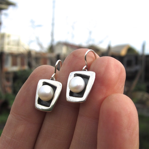 Square Sterling Silver and Pearl Earrings
