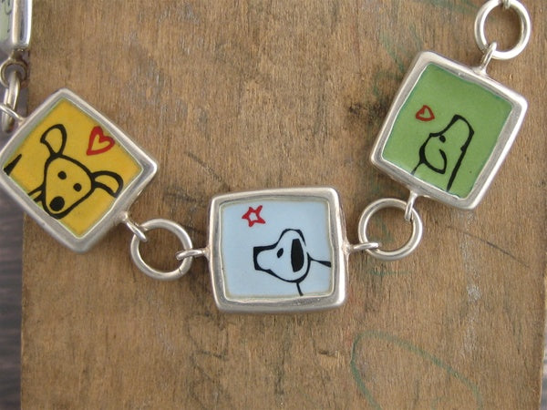 Reversible Sterling Silver and Enamel Dogs vs Cats Bracelet - 14 Hand Drawn Cat and Dog Designs - Pet Owner Jewelry