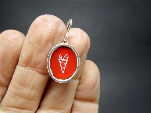 Oval Red Stripe Heart Earrings Vitreous Enamel and Sterling Silver