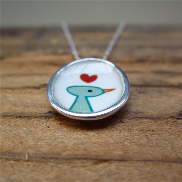 Sterling Silver and Enamel Blue Bird Necklace