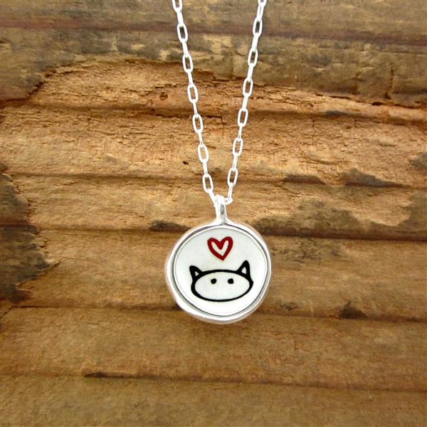 Sterling Silver and Enamel Reversible Cat Necklace - Love Kitty and Mr. Shifty