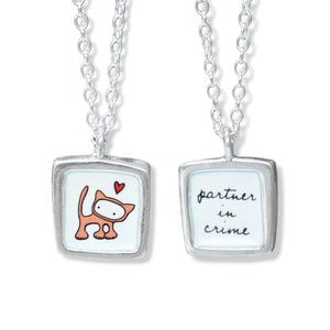 Reversible "Partner in Crime" Cat Necklace - Sterling Silver and Enamel Romantic Pendant - Best Friend Charm