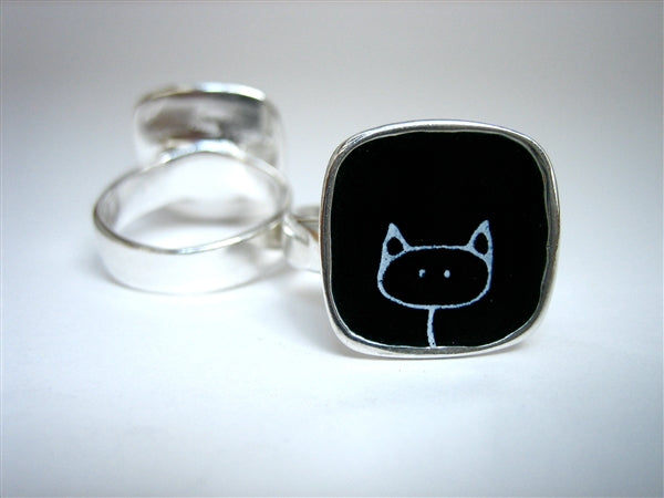 Sterling Silver and Enamel Square Stick Kitty Ring