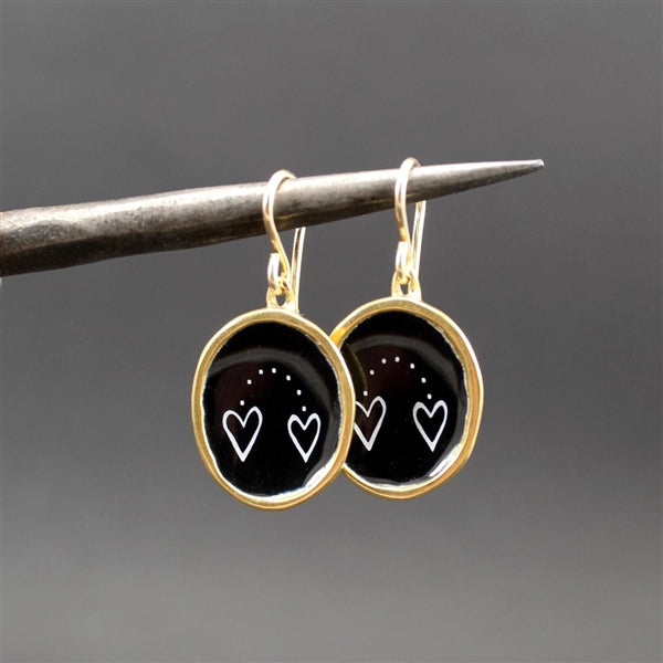 Gold Dot Heart Earrings - Heart to Heart - Gold Dipped Sterling Silver and Enamel Dangle Earrings in Bold Black and White