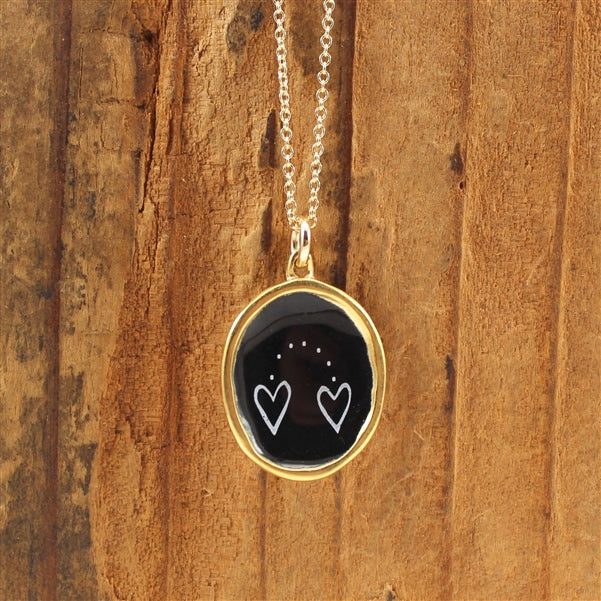 Gold Dot Heart Necklace - Heart to Heart Pendant - Gold Dipped Sterling Silver and Enamel Pendant Necklace in Bold Black and White