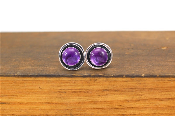 Modern Round Amethyst Post Earrings - Purple Jewelry