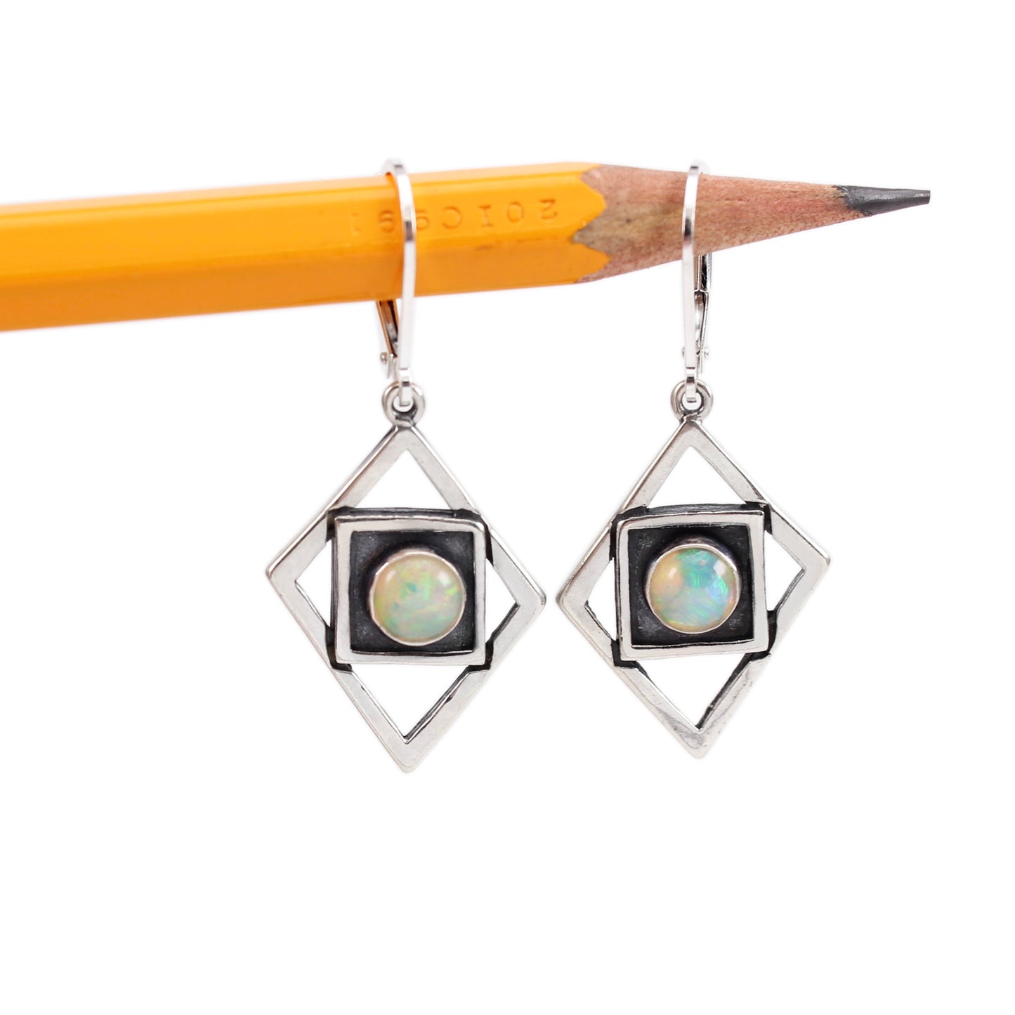 Modern Opal Earrings on Lever Back Ear Wires - Sterling Silver and Opal Diamond Shaped Earrings