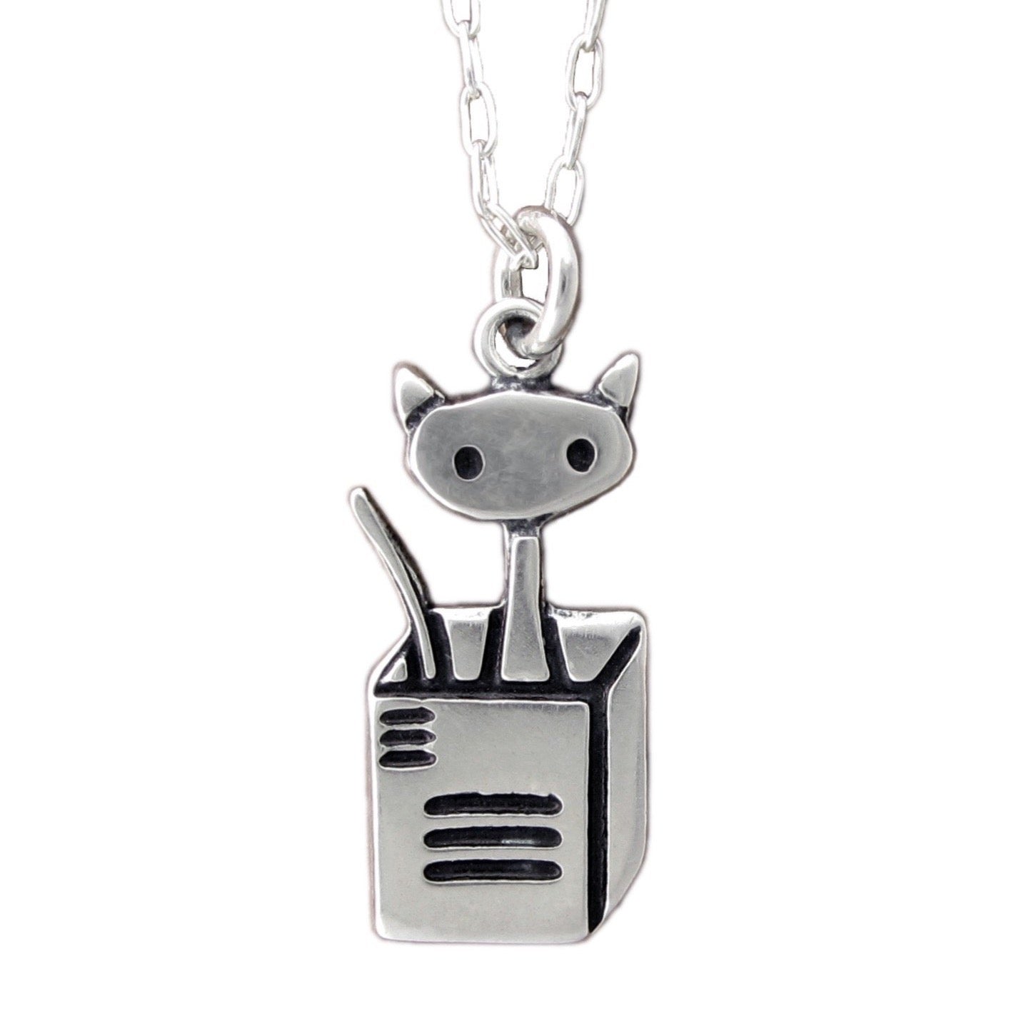 Sterling Silver Cat in a Box Necklace - Cat Charm on Adjustable Chain