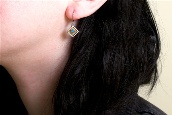 Opal Sterling Silver and 24k Gold Earrings - Small and Wearable Diamond Shaped Earrings on Lever Backs