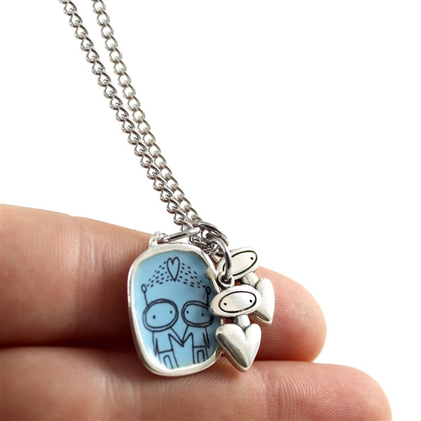 My Little Family Talisman Necklace - Sweet Alien Family Jewelry - Sterling Silver and Enamel Multiple Charm Necklace