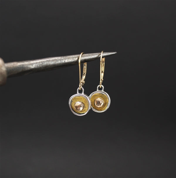 Tiny Round Brilliant White Topaz, 24K Gold and Sterling Silver Earrings