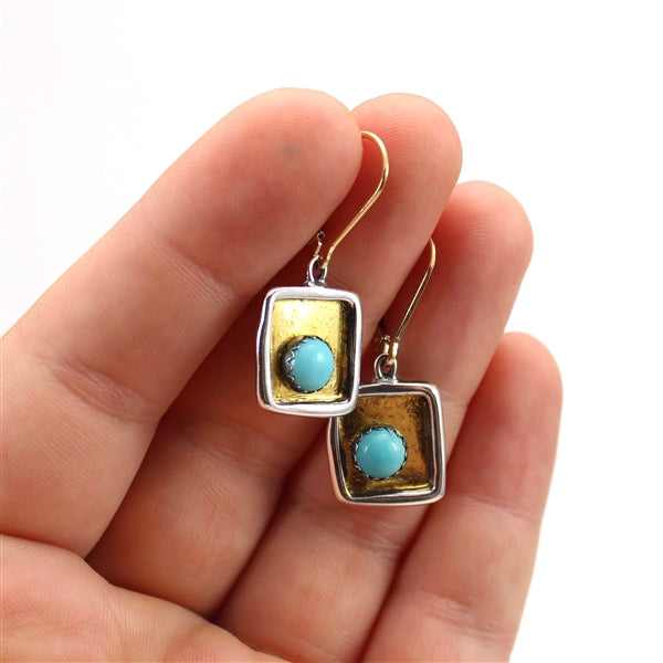 Modern Turquoise, 24K Gold and Sterling Silver Earrings in a Square Setting