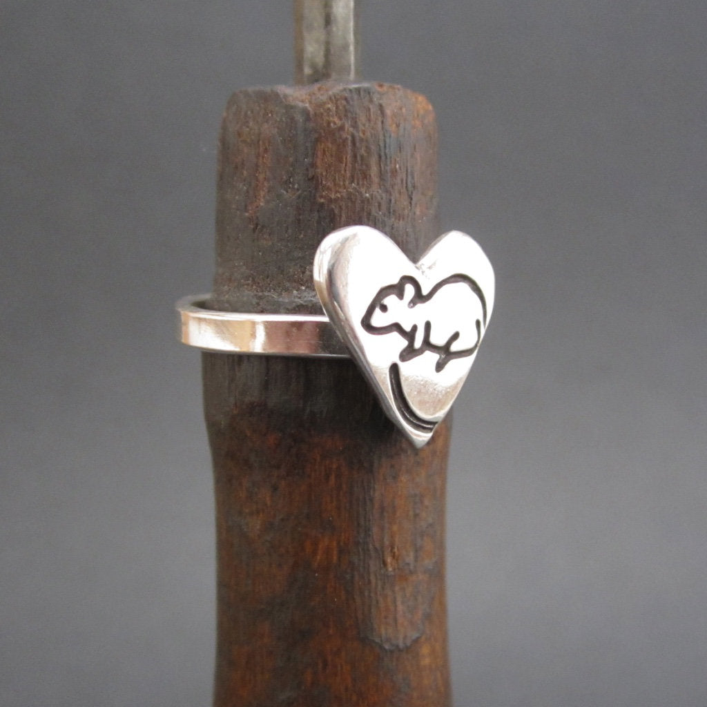 Sterling Silver Heart Rat Ring - Pet Rat Love Charm Ring