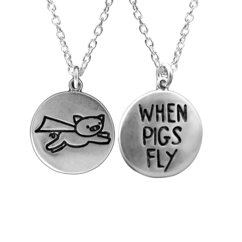 Round Sterling Silver When Pigs Fly Charm Necklace on Adjustable Chain