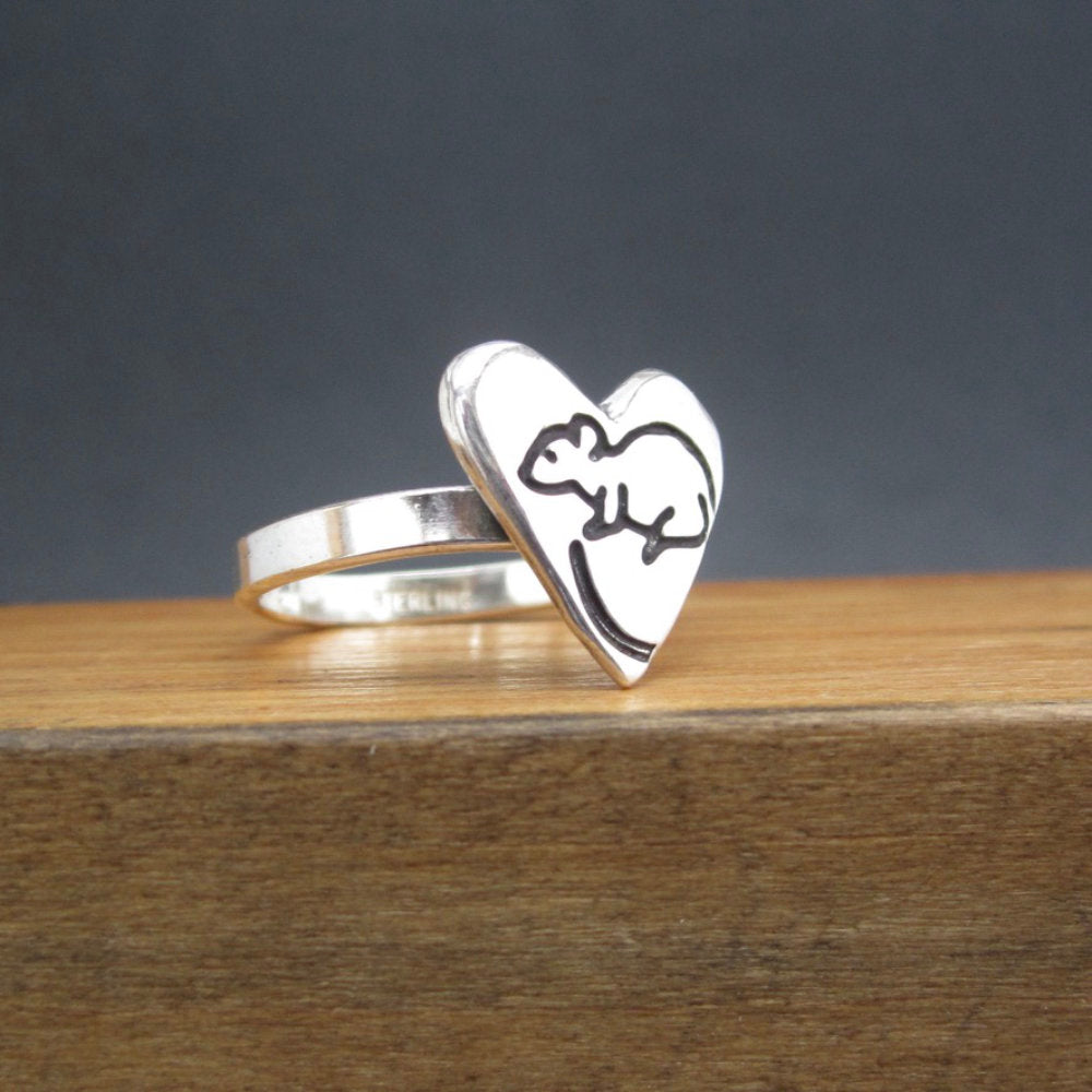Sterling Silver Heart Rat Ring - Pet Rat Love Charm Ring