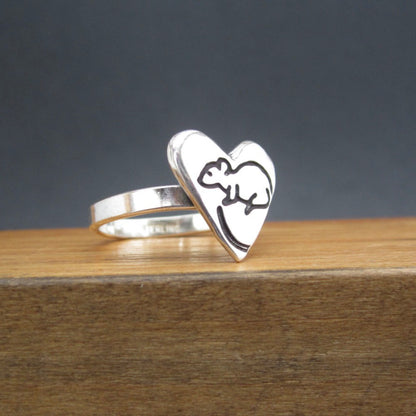 Sterling Silver Heart Rat Ring - Pet Rat Love Charm Ring