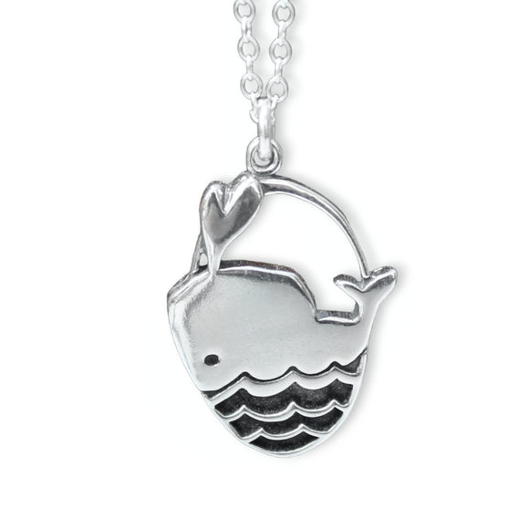 Sterling Silver Whale Charm Necklace -Breaching Whale with Heart Blowhole on Adjustable Chain 16-20 Inches