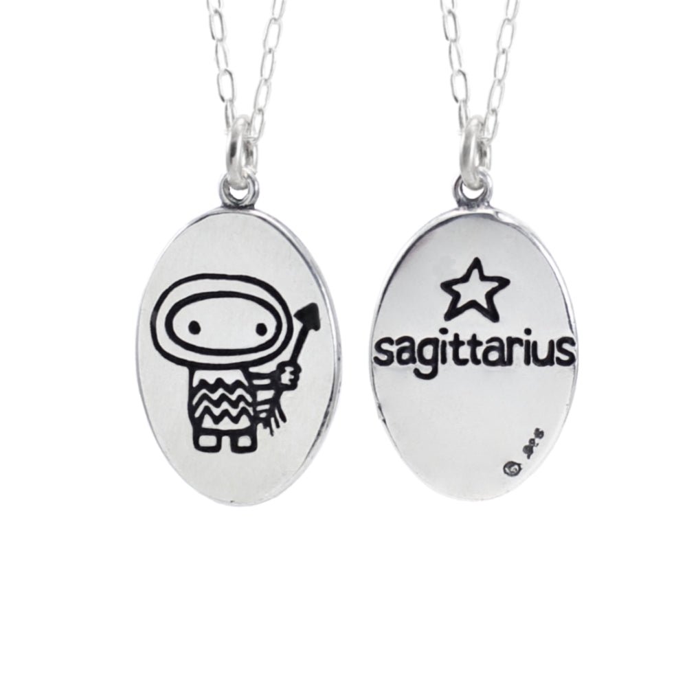 Oval Sterling Silver Sagittarius Charm Necklace on Adjustable Chain