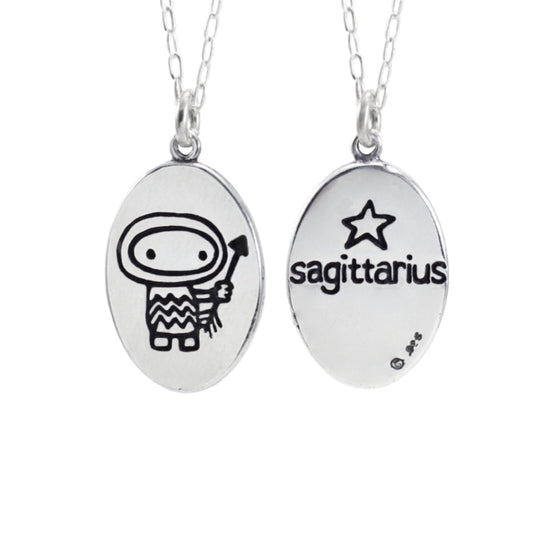 Oval Sterling Silver Sagittarius Charm Necklace on Adjustable Chain