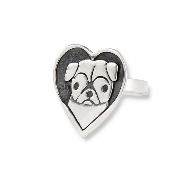 Sterling Silver Pug Ring in Whole Sizes 5 through 10 - Adorable Pug Charm