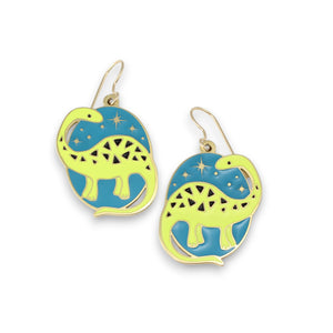 Gold Dinosaur Dangle Earrings - Brontosaurs at Night - Fun Gift for Her