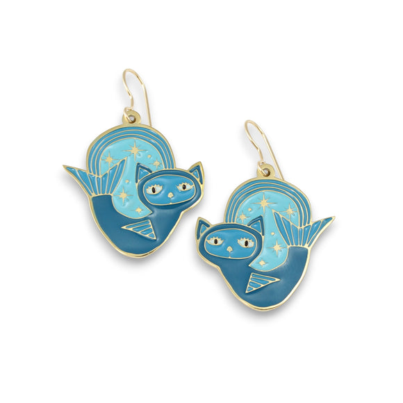 Gold Cat Dangle Earrings - Night Swimming Purrmaid - Adorable Cat Charm Jewelry