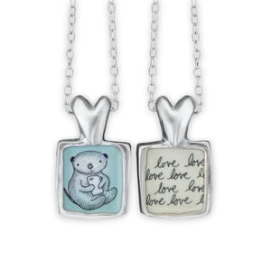 Otter Love Heart Necklace - Sterling Silver and Enamel Texting Otter Pendant on Sterling Silver Chain