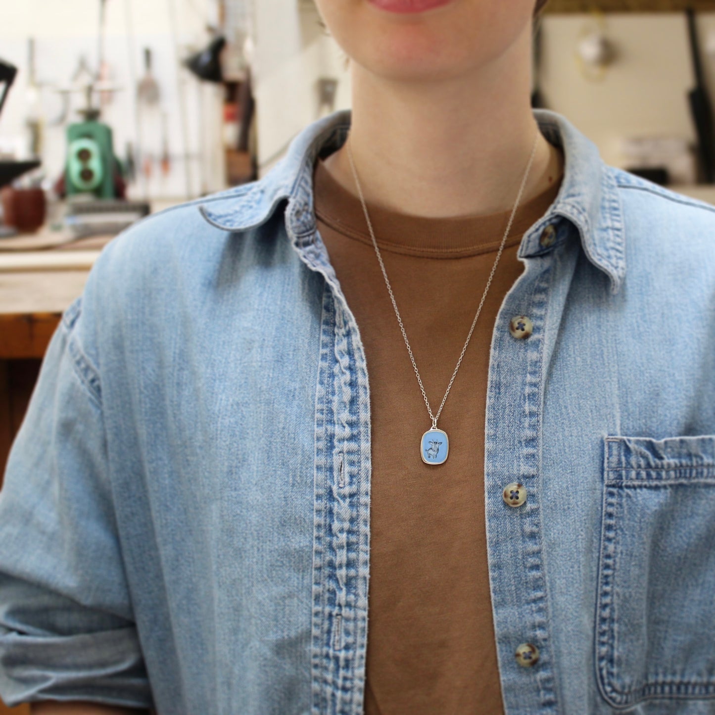 Sterling Silver and Enamel Minature Goat Necklace