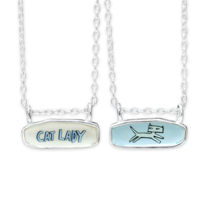 Reversible Cat Lady Necklace - Sterling Silver and Enamel Necklace on Adjustable Chain