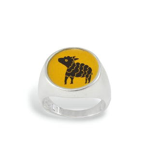 Mens Signet Ring - Black Sheep Ring - Vitreous Enamel and Sterling Silver Gift Jewelry sizes 5 through 12