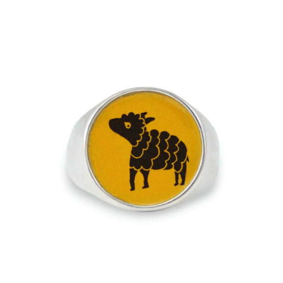 Mens Signet Ring - Black Sheep Ring - Vitreous Enamel and Sterling Silver Gift Jewelry sizes 5 through 12