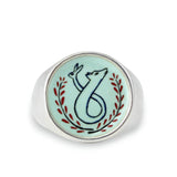 The Chase - Unisex Signet Ring- Vitreous Enamel and Sterling Silver Wolf and Rabbit Jewelry sizes 5 through