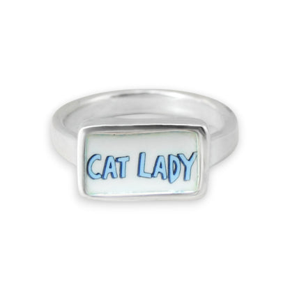 Cat Lady Ring - Blue or Pink Font Sterling Silver and Enamel Script Ring for Crazy Cat Ladies!