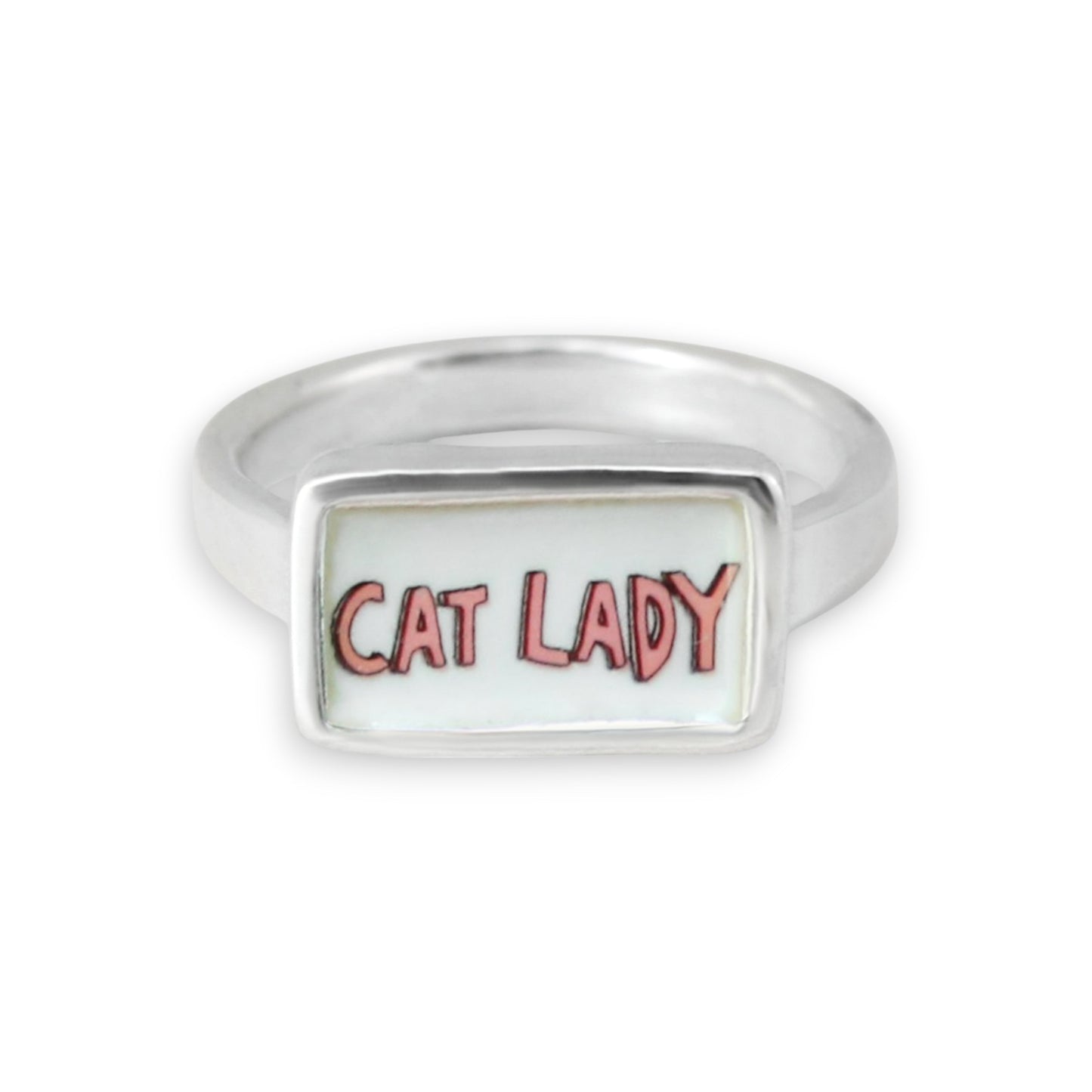 Cat Lady Ring - Blue or Pink Font Sterling Silver and Enamel Script Ring for Crazy Cat Ladies!