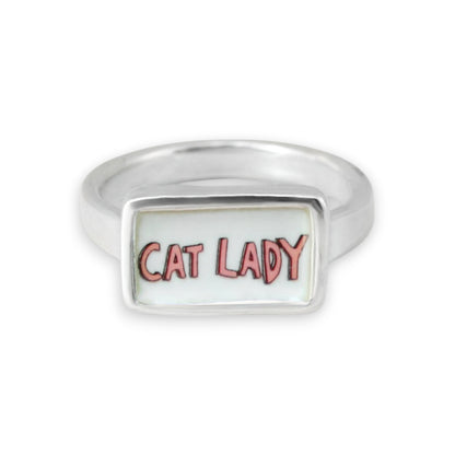 Cat Lady Ring - Blue or Pink Font Sterling Silver and Enamel Script Ring for Crazy Cat Ladies!