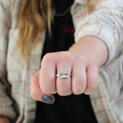 Cat Lady Ring - Blue or Pink Font Sterling Silver and Enamel Script Ring for Crazy Cat Ladies!