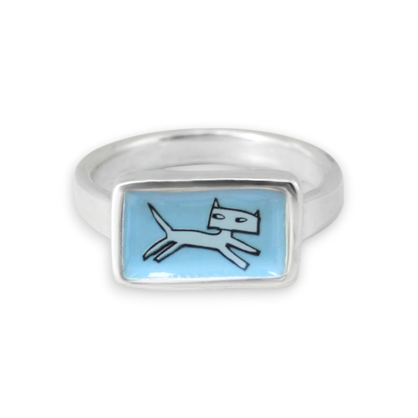 Jumping Cat Stacker Ring in Blue Enamel and Sterling Silver
