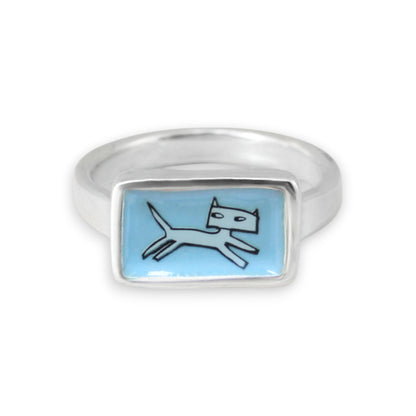 Jumping Cat Stacker Ring in Blue Enamel and Sterling Silver