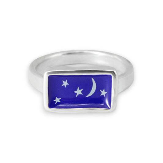 Night Sky Ring - Cobalt Blue with Stars and Crescent Moon Stacker Ring
