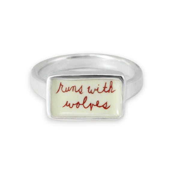 Sterling Silver and Enamel Runs With Wolves Ring - Script Hand Writing Ring for Men and Women - Free Spirited - Wild Heart