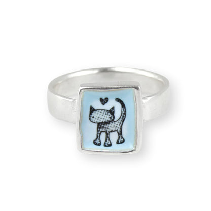 Sterling Silver and Enamel Love Cat Ring - Cat Jewelry - Vintage Style Illustration - Sweet Cat