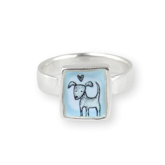 Sterling Silver and Enamel Love Dog Ring on Light Blue