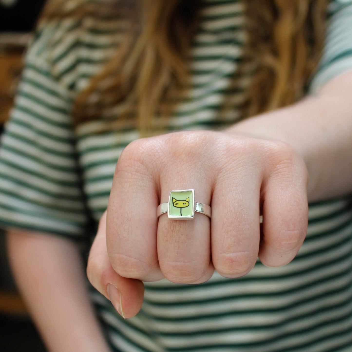Yellow and Green Shifty Cat Sterling Silver and Enamel Ring