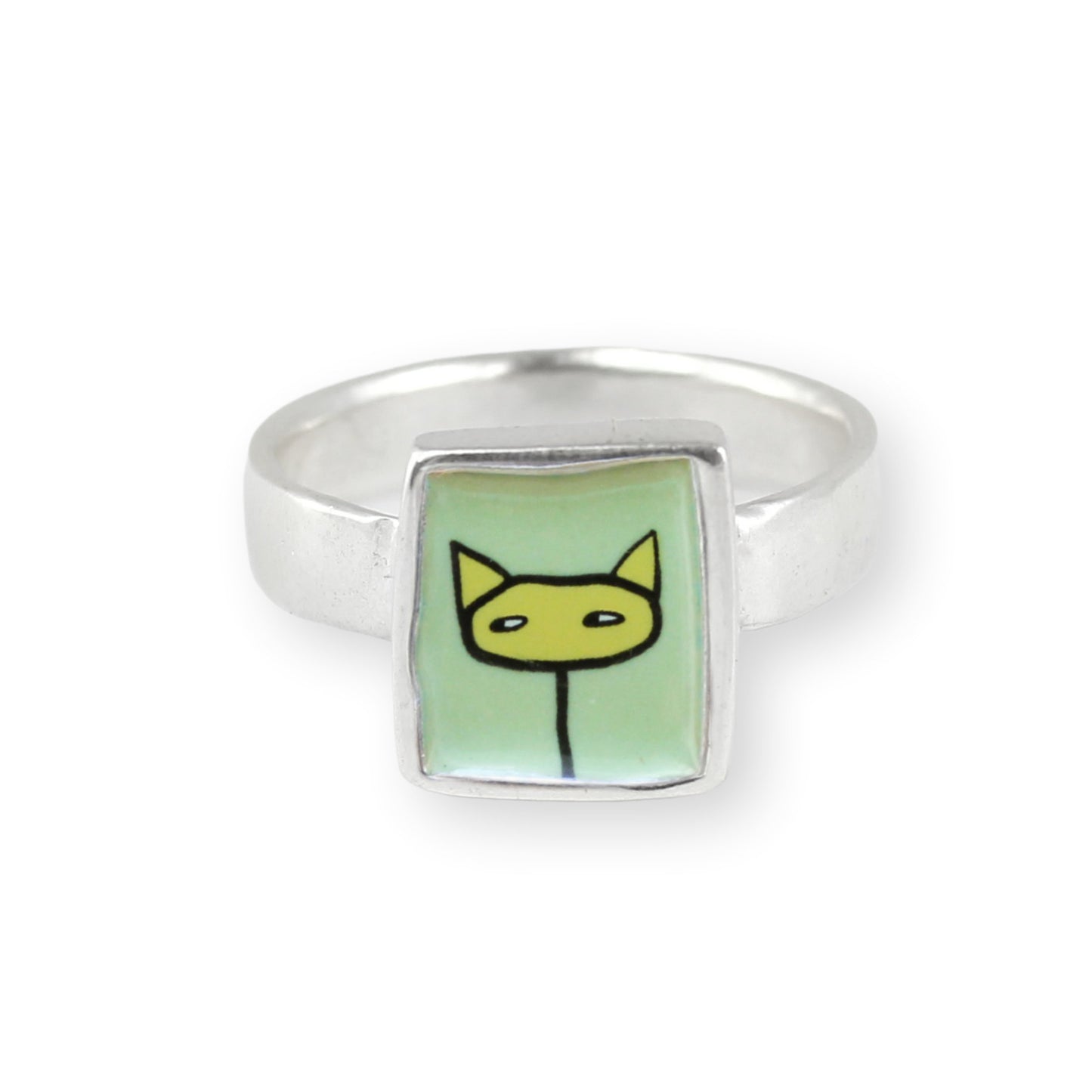 Yellow and Green Shifty Cat Sterling Silver and Enamel Ring