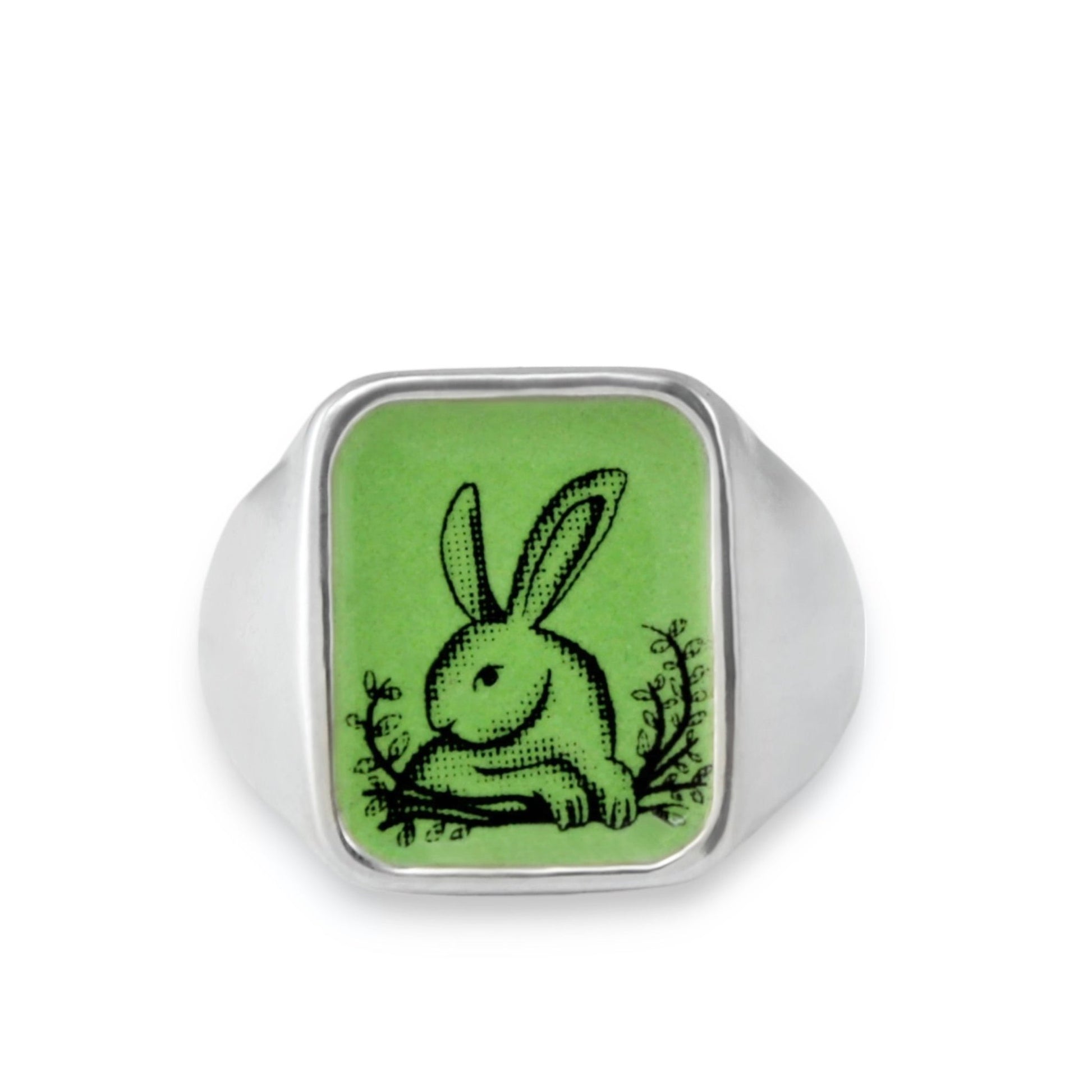 Mens Signet Ring Vintage Bunny Ring Vitreous Enamel and