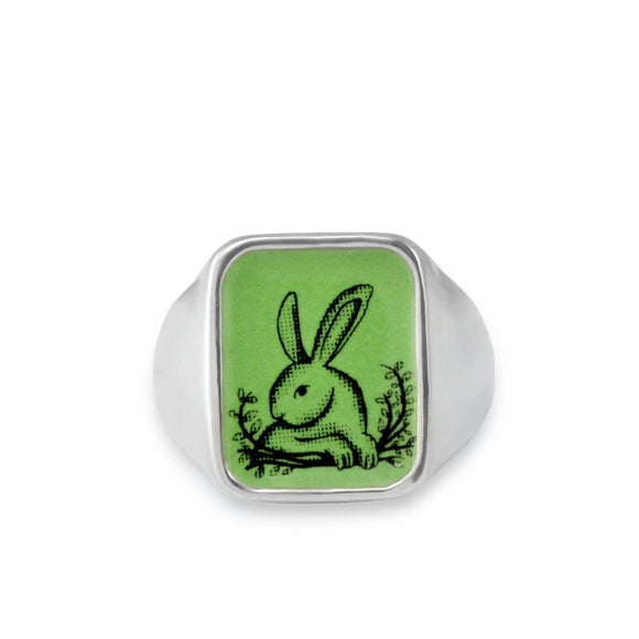 Mens Signet Ring - Vintage Bunny Ring - Vitreous Enamel and Sterling Silver Rabbit Gift Jewelry sizes 5 through 12