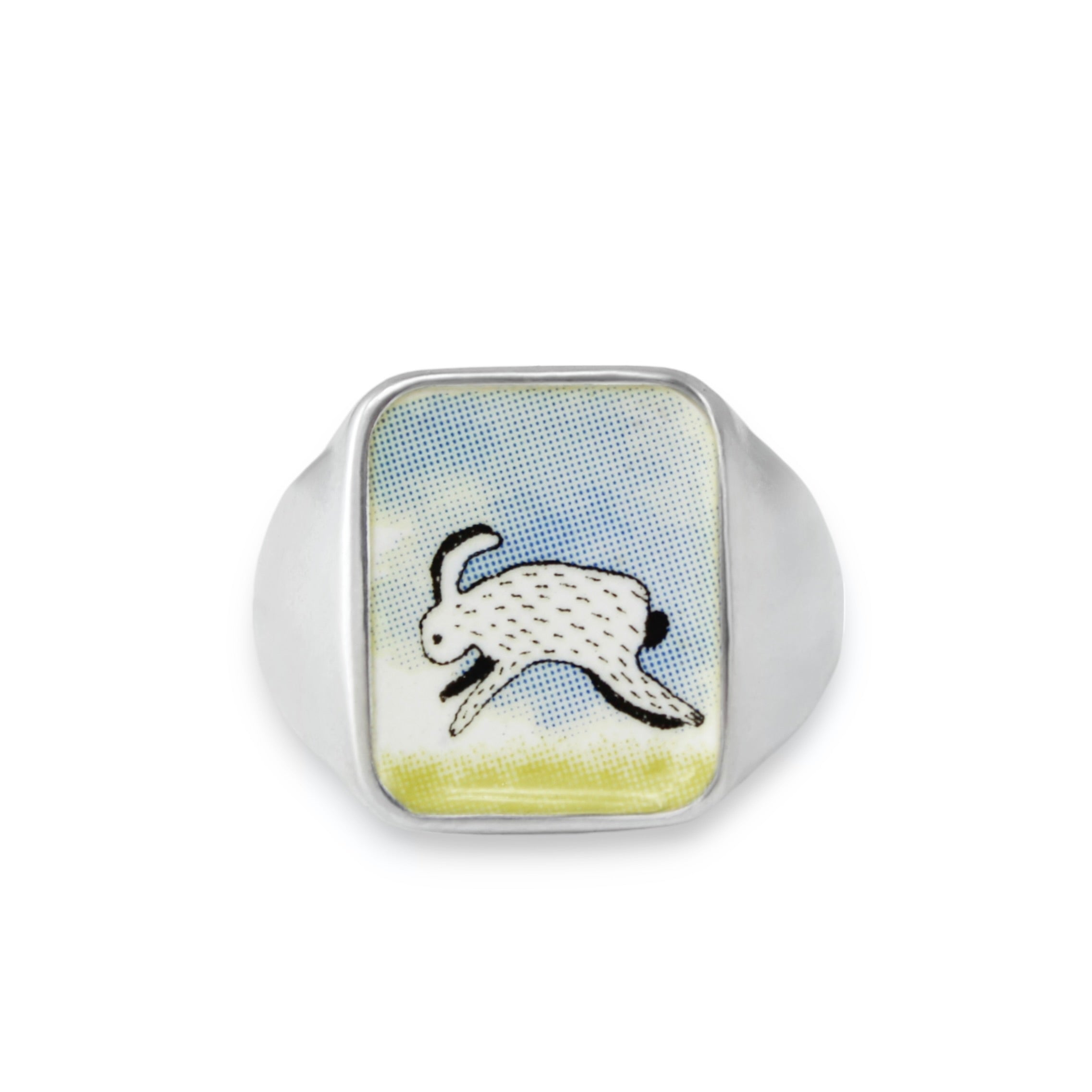 Mens Signet Ring - Wild Rabbit Ring - Vitreous Enamel and Sterling Sil ...