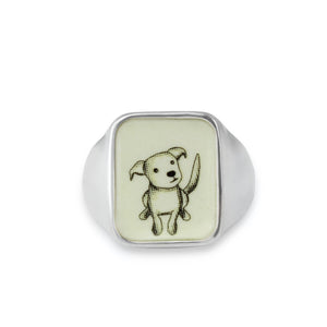 Mens Signet Ring with Dog - Perfect Puppy Ring - Vitreous Enamel and Sterling Silver Dog Gift Jewelry sizes 5 through 12