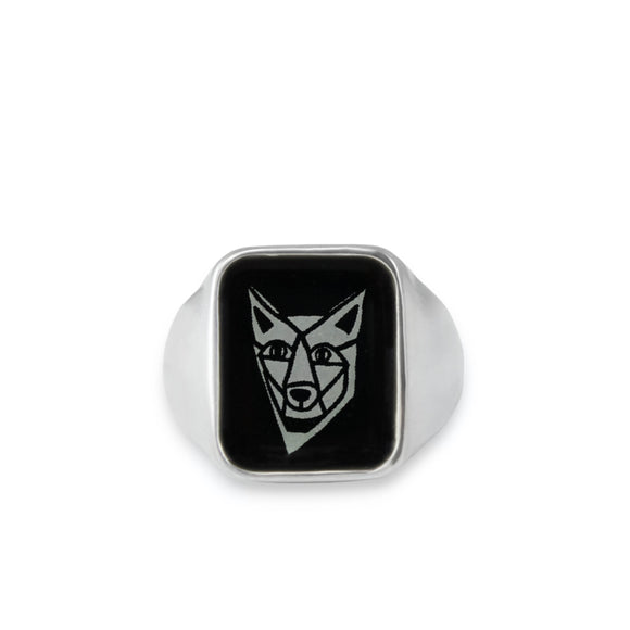 Mens Signet Ring - Black Wolf Ring - Vitreous Enamel and Sterling Silver Gift Jewelry sizes 5 through 12